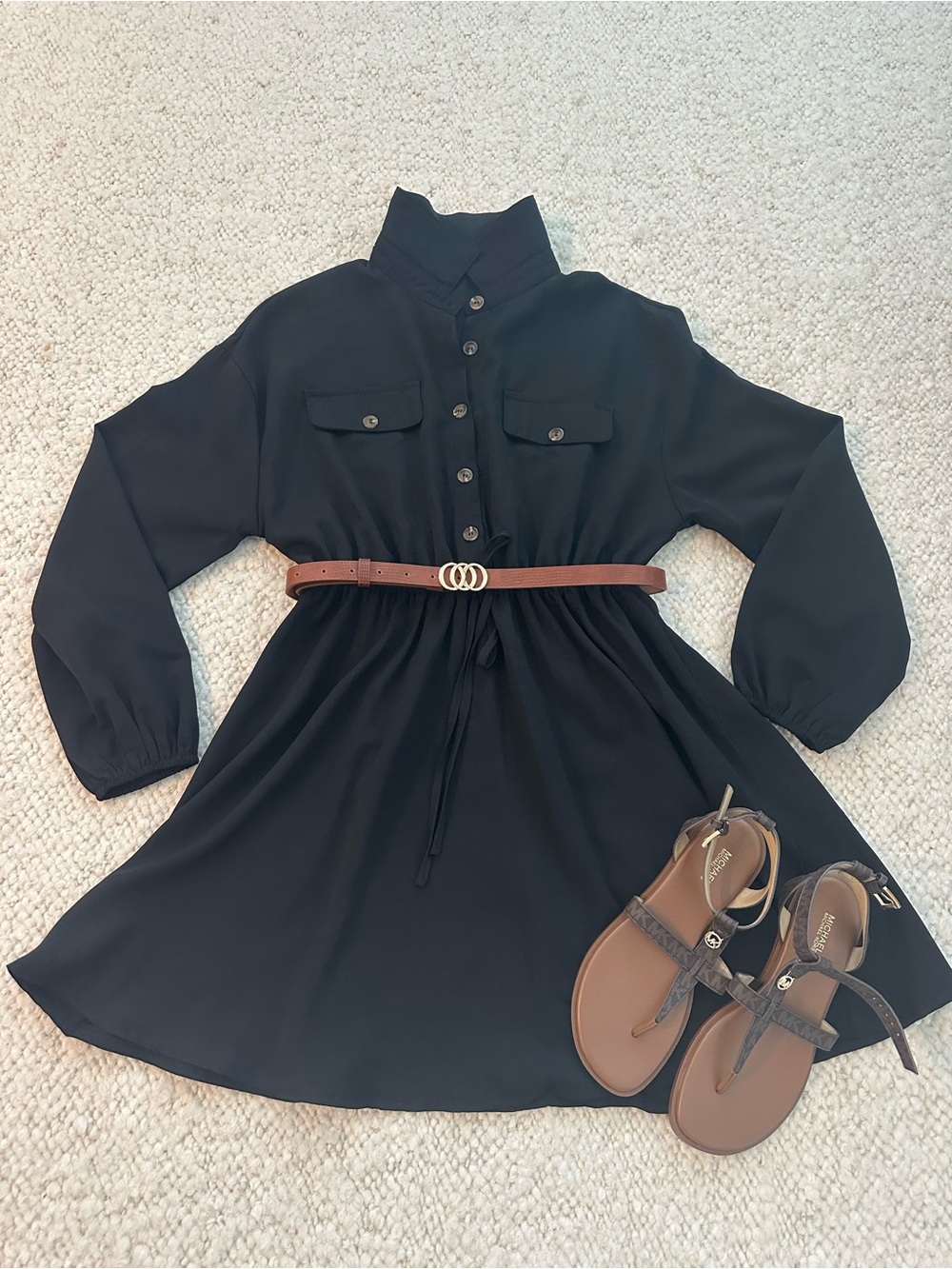 Black Button-Front Shirt Dress with Belt